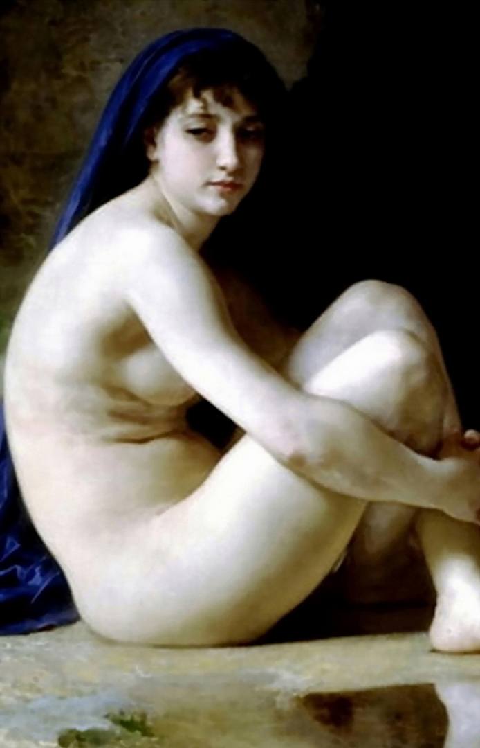 Seated Nude. Painted by William Adolphe Bouguereau. The naked young woman has a very white body and large tits. She has just had a dip in the lake and is in deep thought while contemplating what she will do tonight.